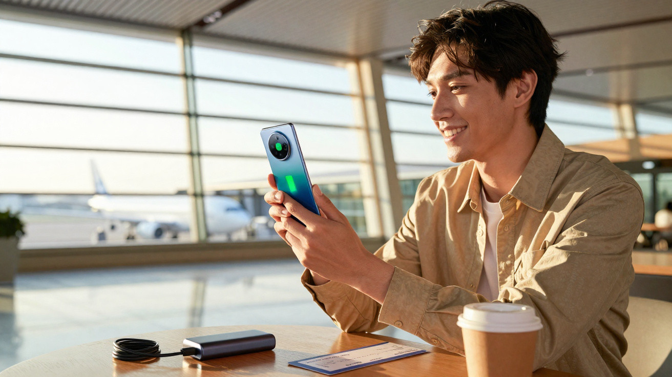 Jovem sorridente usando telemóvel azul num aeroporto com avião ao fundo e bebida numa mesa.