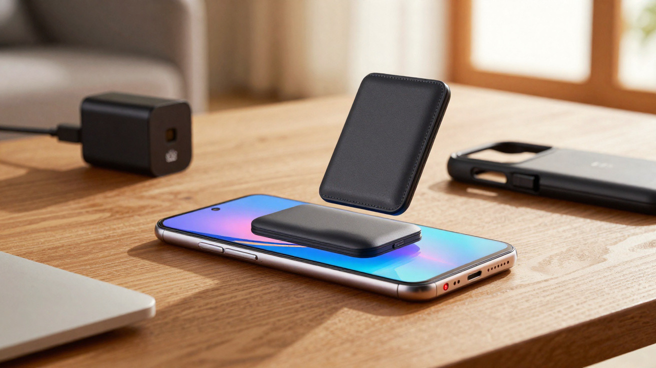 Carregador portátil sem fios a carregar um smartphone sobre uma mesa de madeira.