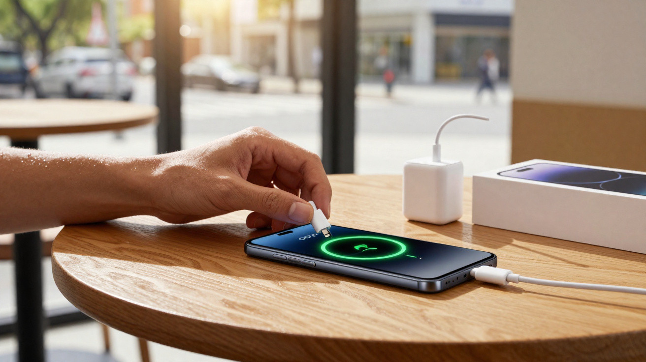 Mão a ligar cabo USB-C a smartphone para carregar, com carregador e caixa sobre mesa redonda de madeira.