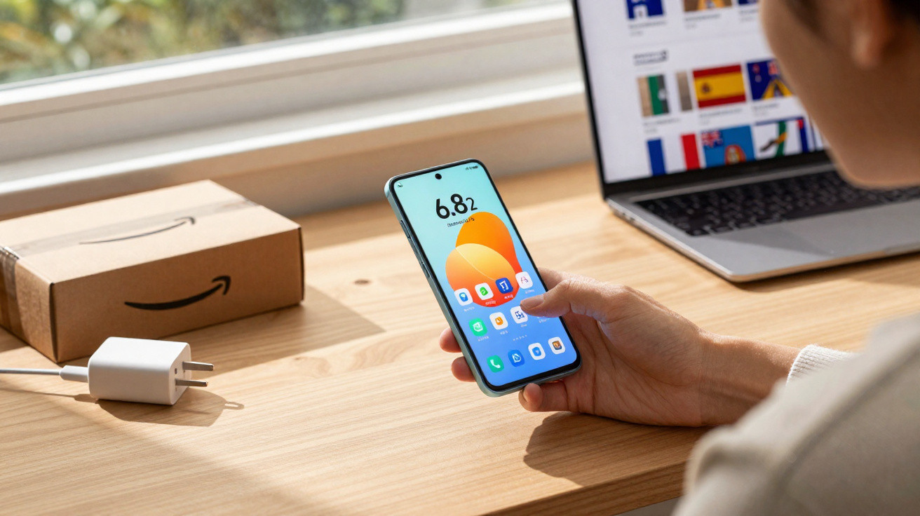 Pessoa a segurar um smartphone com ecrã ligado, ao lado de um carregador e caixa da Amazon numa mesa de madeira.