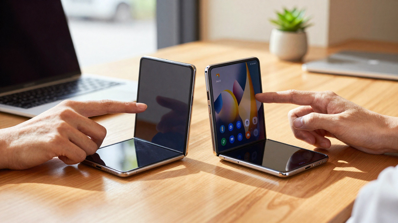 Duas mãos apontam para dois smartphones dobráveis abertos numa mesa de madeira, com um computador e planta ao fundo.