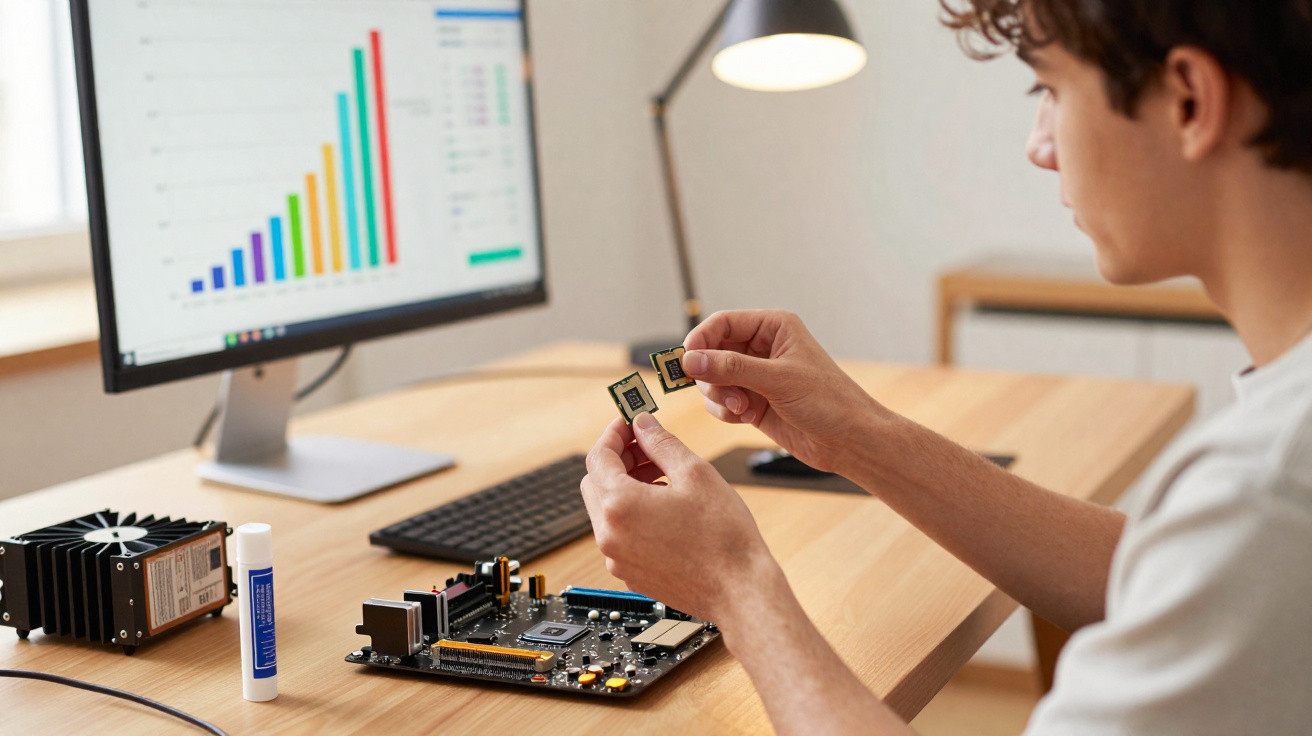 Pessoa a analisar dois processadores junto a uma placa-mãe e gráfico de barras no ecrã do computador.