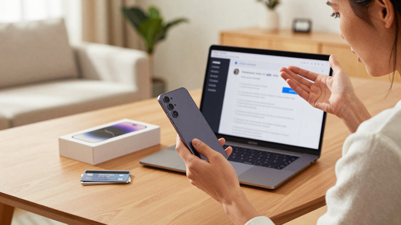 Pessoa a utilizar um smartphone em videochamada, com portátil aberto numa secretária de madeira.