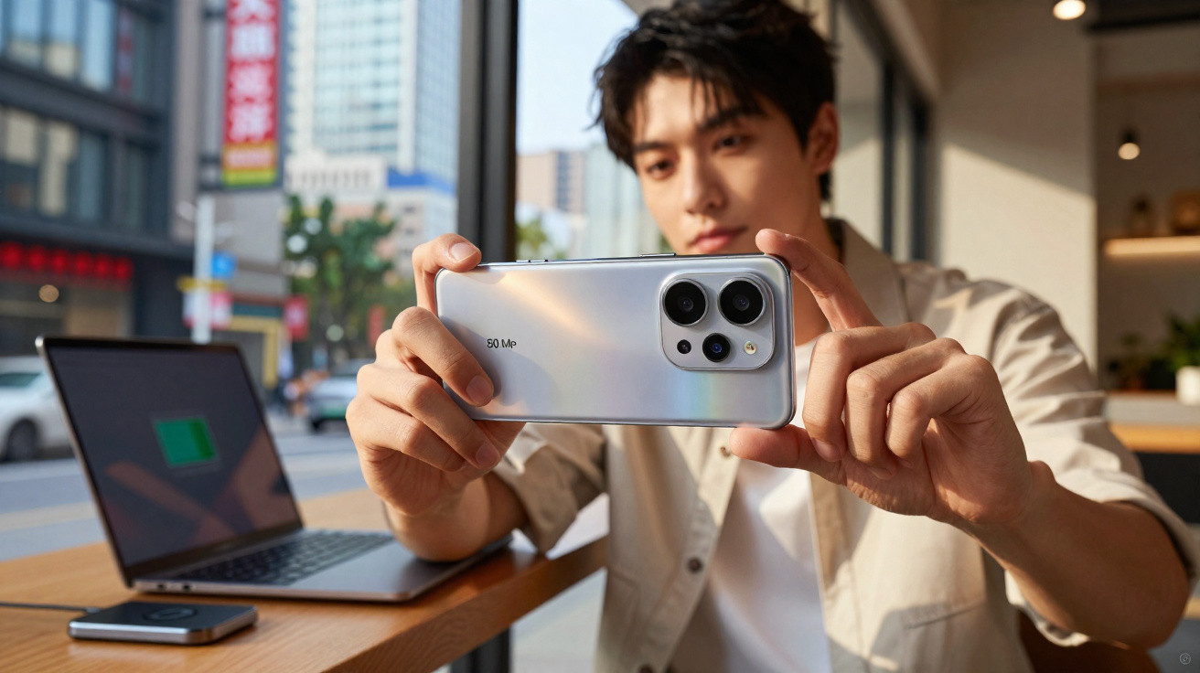 Jovem sentado numa mesa com computador portátil a tirar foto com smartphone cinza prateado.