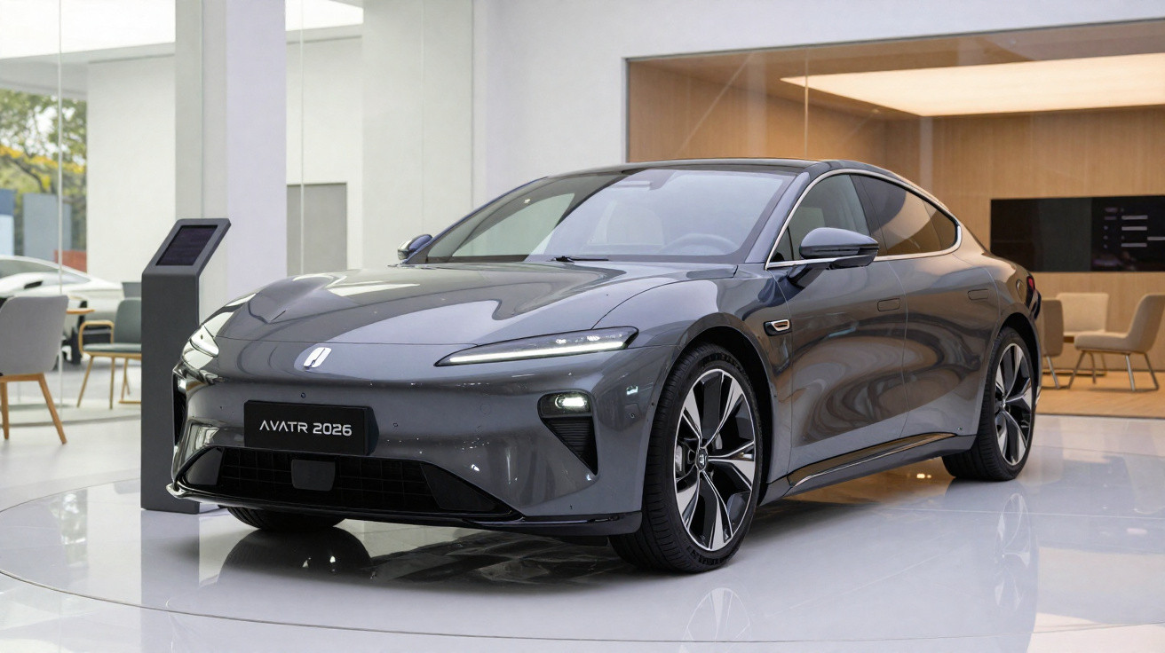 Carro elétrico cinza AVATR 2026 estacionado em ambiente moderno com chão branco e cadeiras ao fundo.
