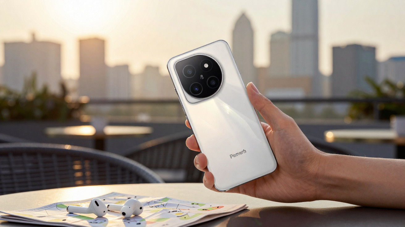 Mão a segurar smartphone branco Petasns com câmara tripla, sobre mesa com auriculares sem fios e mapa.