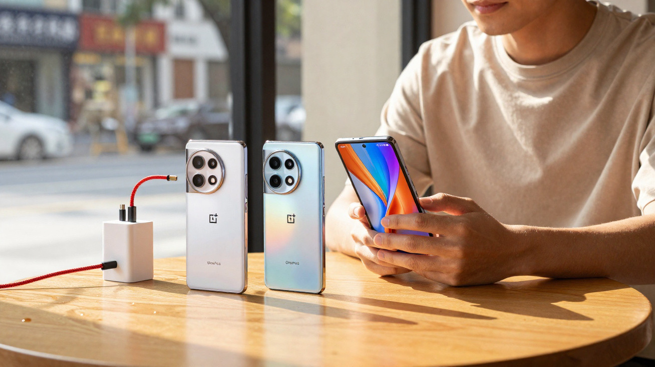 Pessoa a segurar smartphone OnePlus enquanto outros dois estão pousados numa mesa redonda de madeira, com carregador ligado.