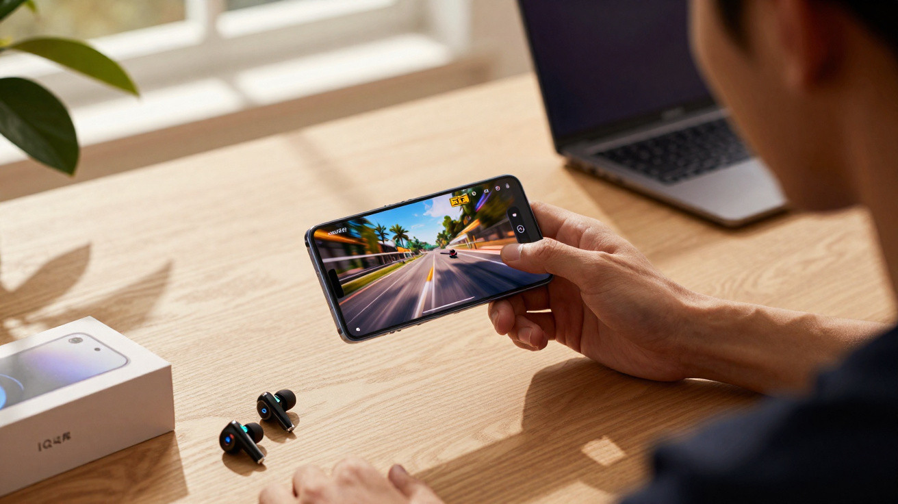 Pessoa a jogar jogo de corrida num smartphone num ambiente iluminado sobre mesa com auscultadores e computador portátil.