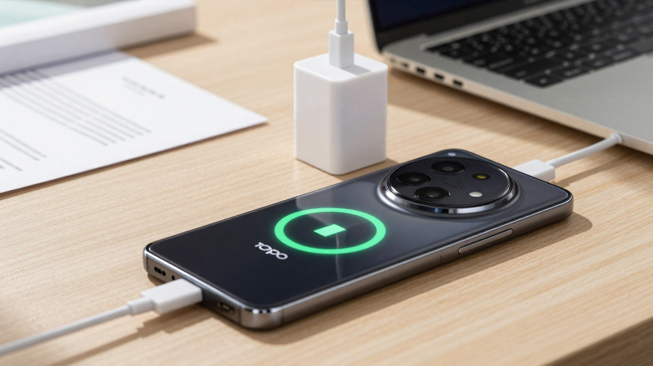 Smartphone Oppo a carregar com carregador ligado numa mesa de madeira ao lado de um portátil.