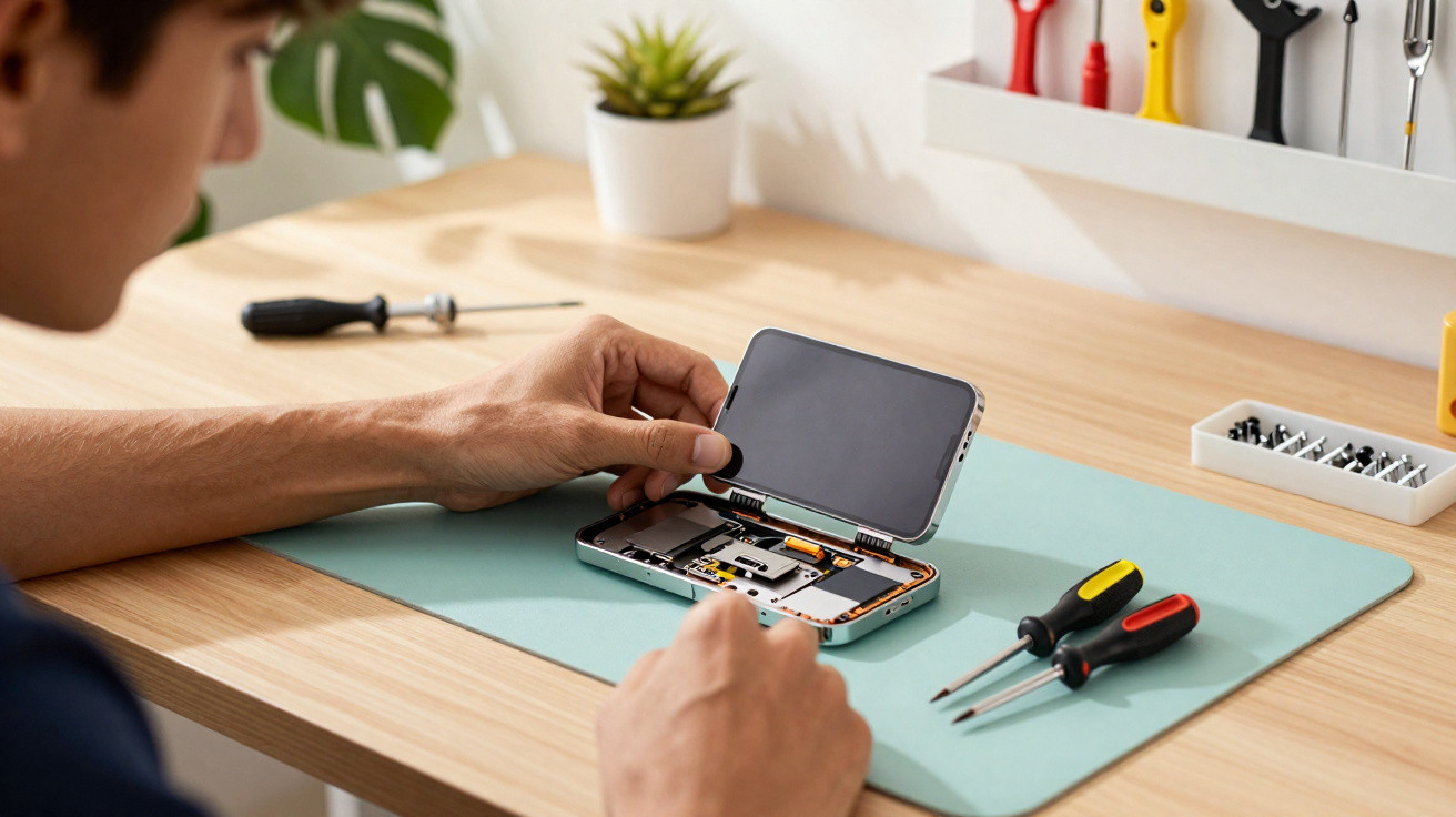 Pessoa a reparar um smartphone aberto numa secretária com ferramentas de precisão.