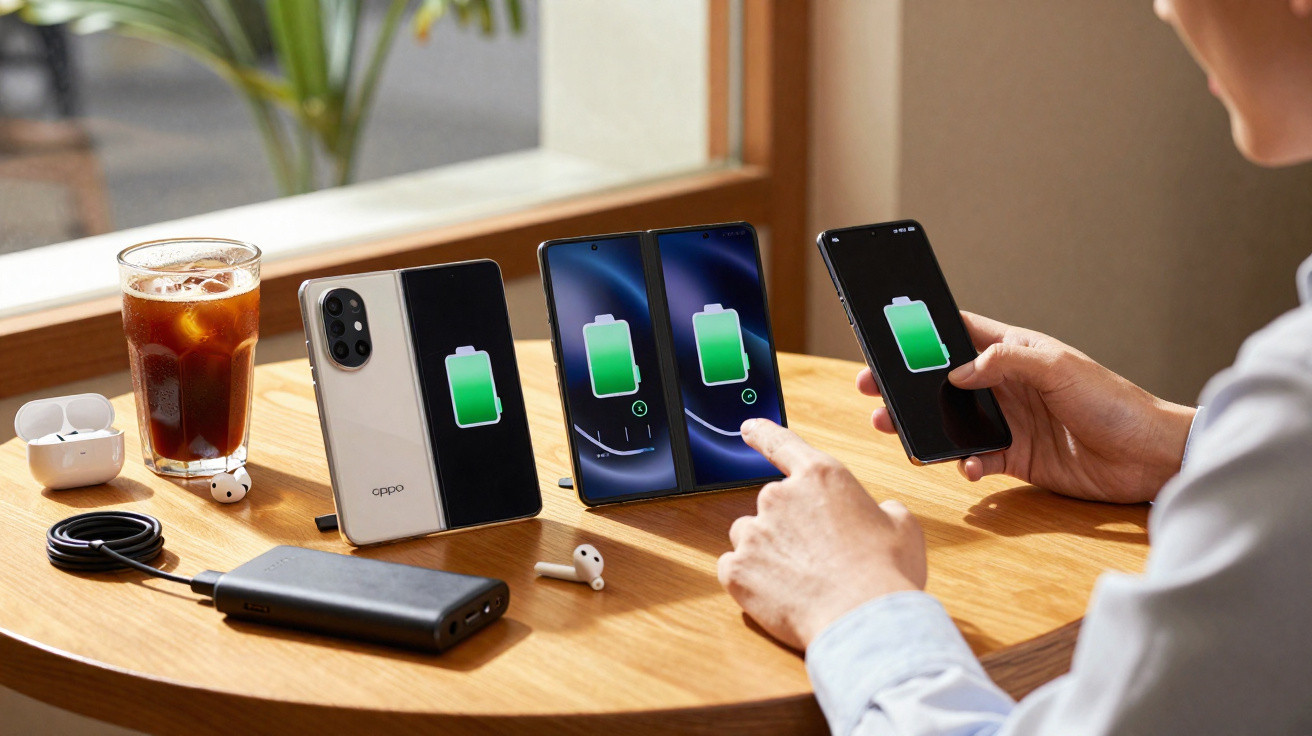 Pessoa a usar telemóvel com três dispositivos eletrónicos a carregar numa mesa de madeira com bebida e auscultadores.