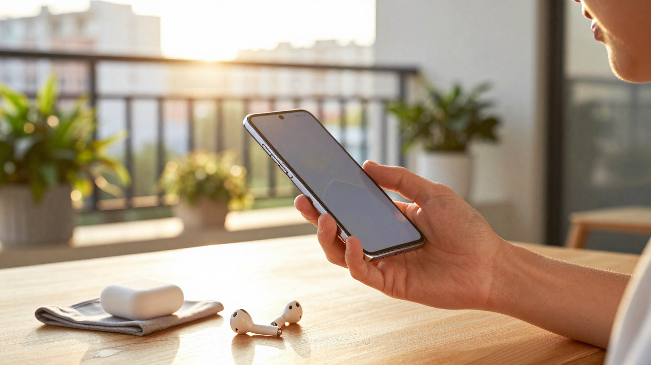 Pessoa a segurar um smartphone com dois earphones sem fios sobre uma mesa perto de janela iluminada.