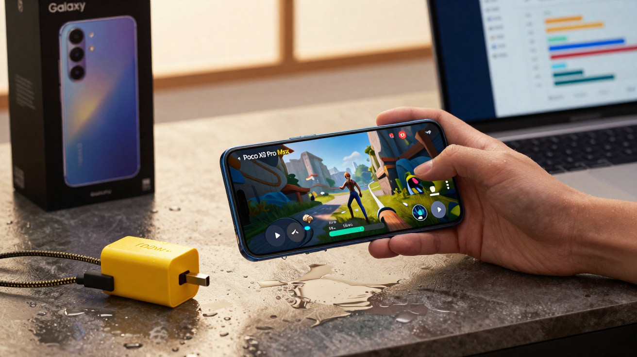 Pessoa a jogar num smartphone azul com carregador amarelo e computador portátil em mesa molhada.