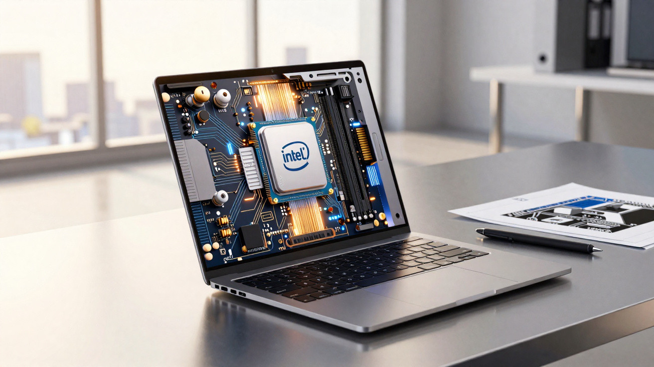 Portátil aberto numa mesa com imagem gráfica de um microchip Intel no ecrã e documentos ao lado.
