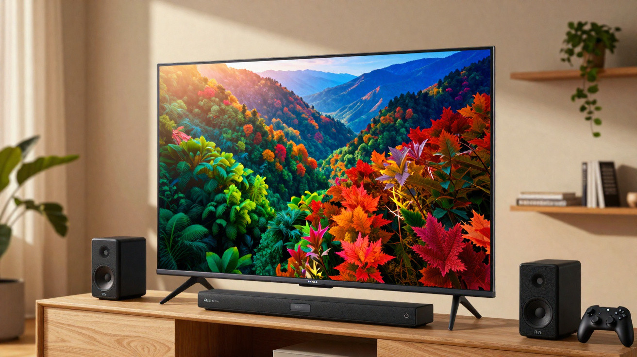 Televisor a exibir imagem vívida de montanhas com folhas verdes e vermelhas, acompanhado de coluna sonora e comando.