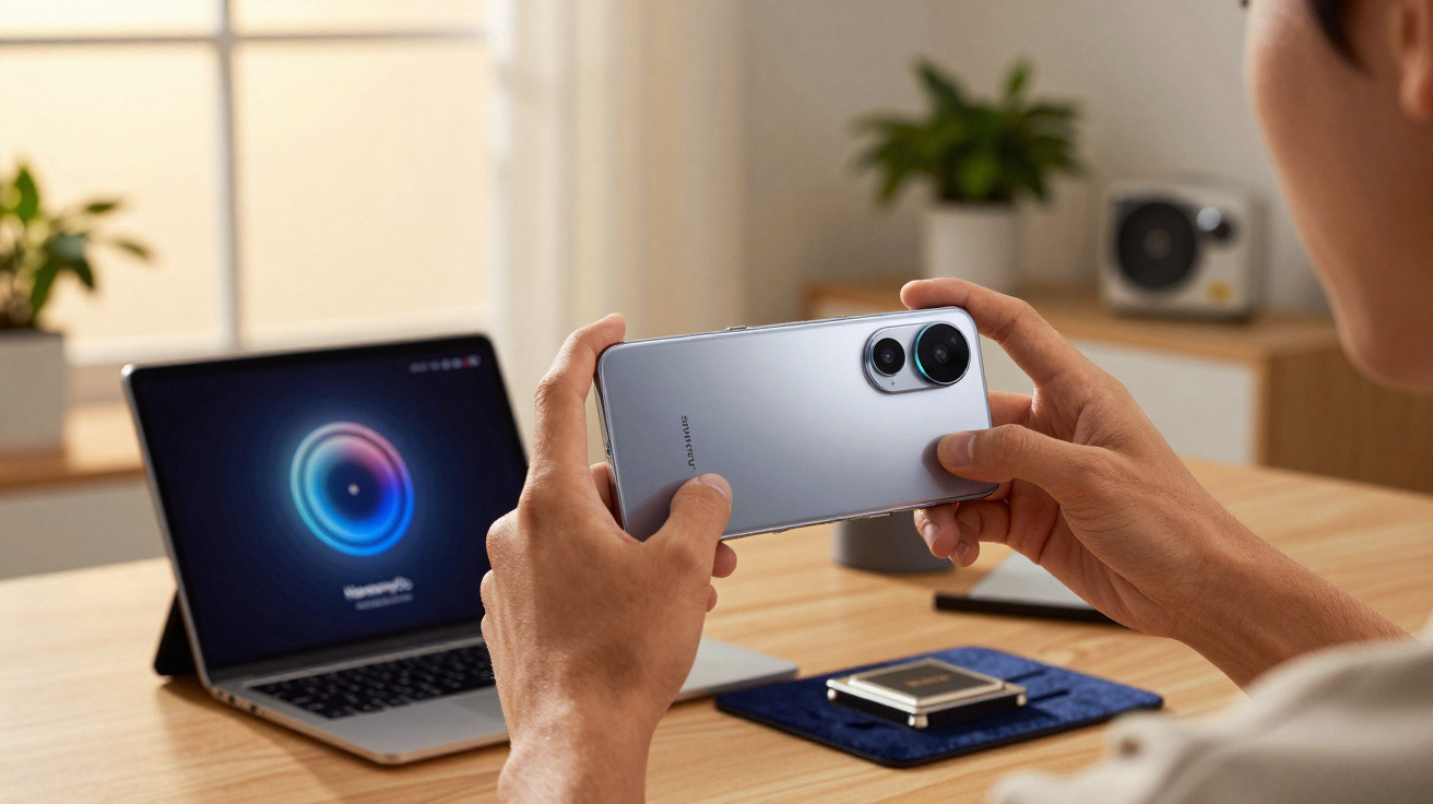 Pessoa segurando smartphone Huawei prata, com computador portátil e objetos numa secretária de madeira ao fundo.