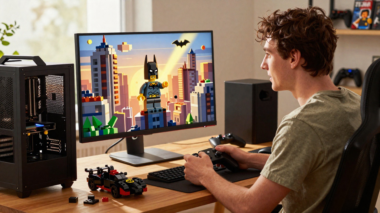 Homem a jogar videojogo Lego Batman num computador com modelo físico do Batmóvel na secretária.