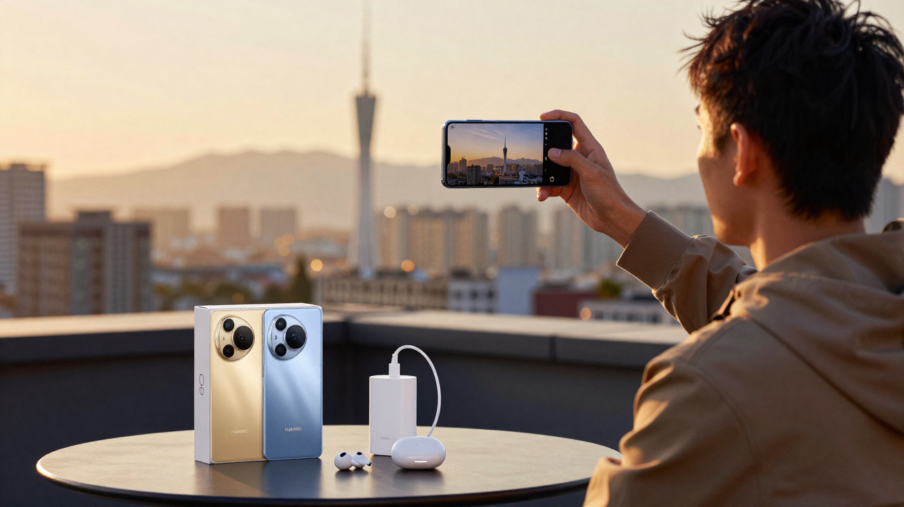 Pessoa tira foto com smartphone de arranha-céus ao pôr do sol, com dois telemóveis e acessórios numa mesa.
