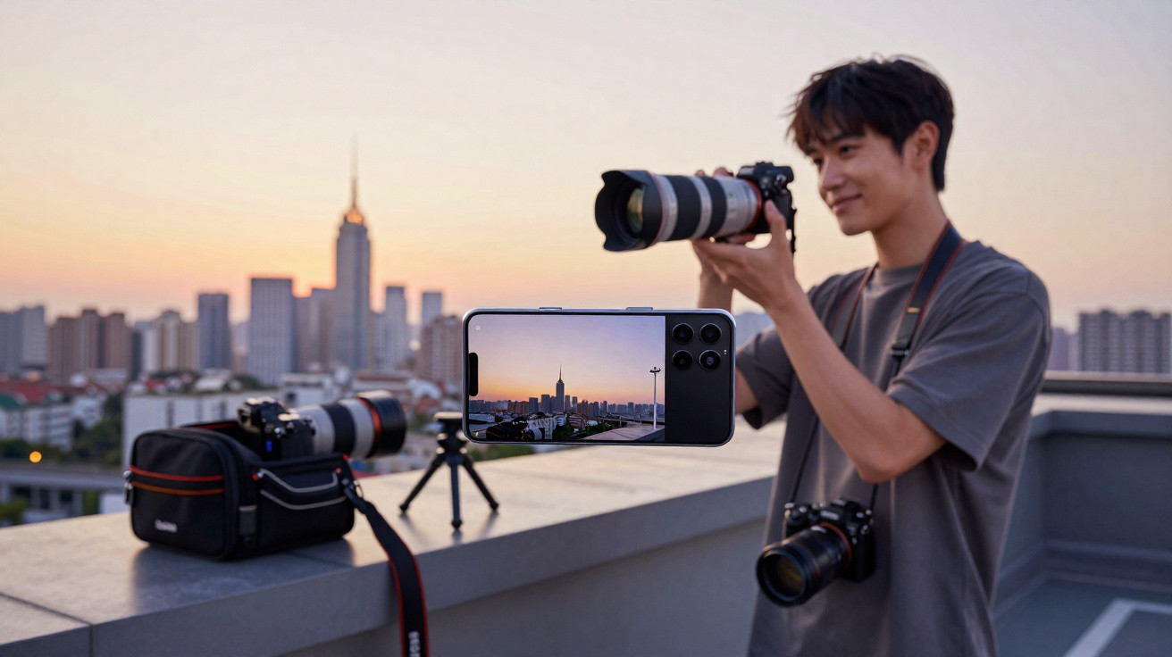 Jovem a fotografar a cidade ao pôr do sol com câmaras profissionais e smartphone numa varanda.