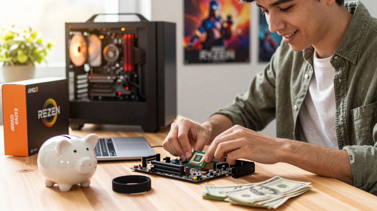 Pessoa a instalar um processador numa placa-mãe numa secretária com computador e notas de dólar.