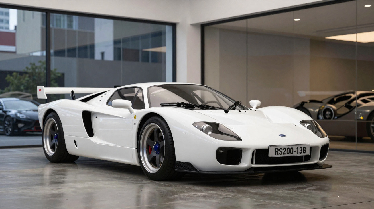 Carro esporte branco clássico estacionado em garagem moderna com chão de cimento polido.