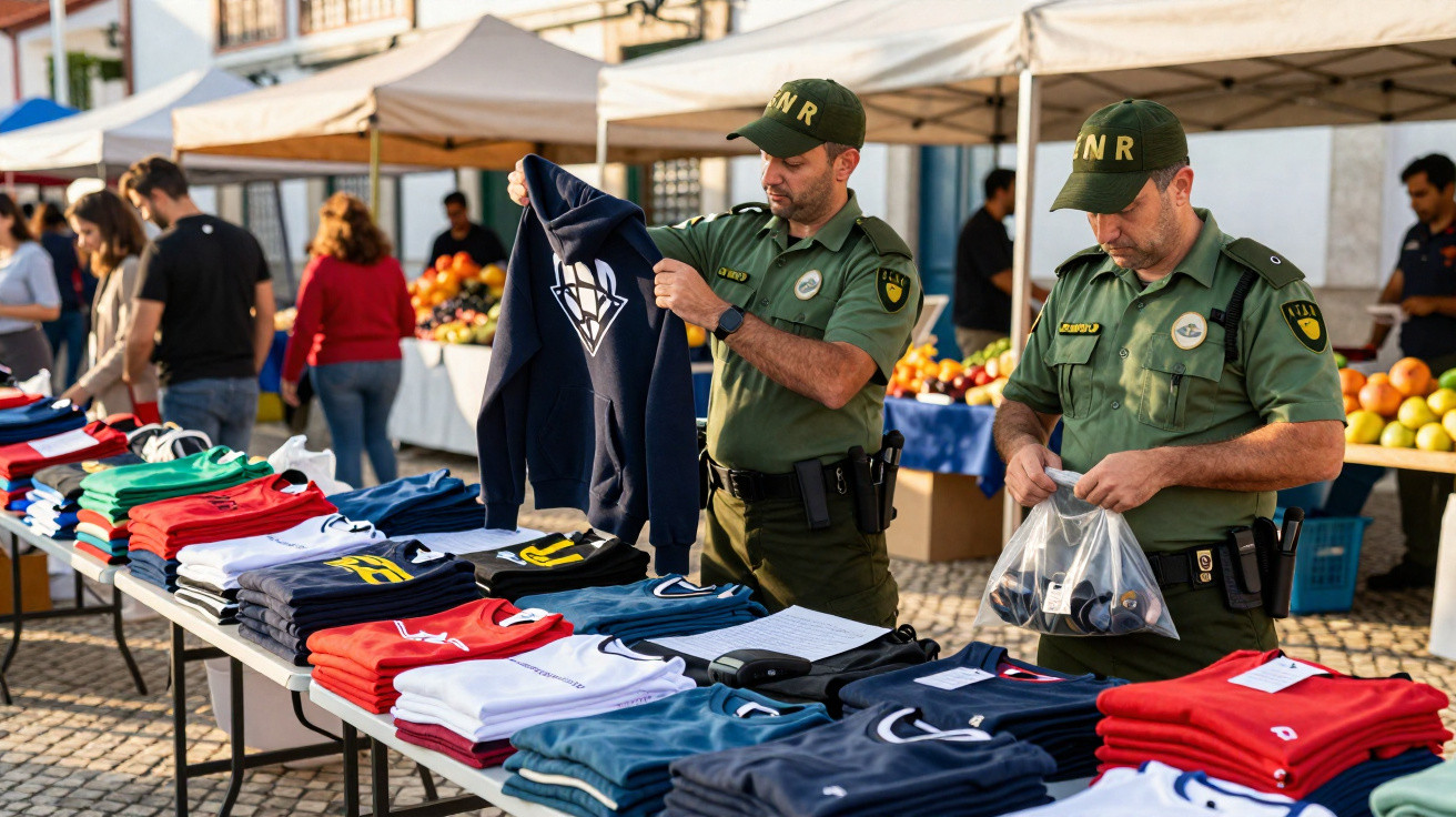 Dois agentes da autoridade em uniforme verde analisam roupa dobrada num mercado ao ar livre, com bancas de frutas ao fundo.