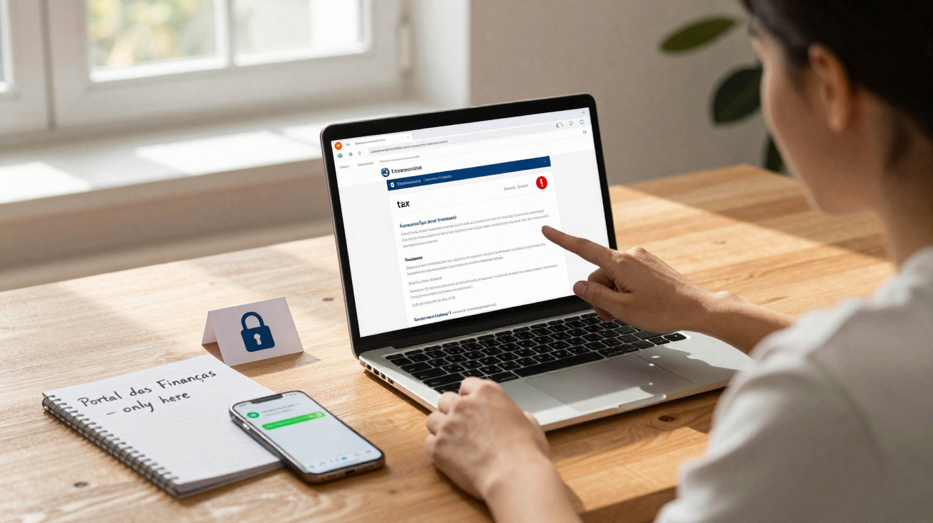 Pessoa a consultar informações sobre impostos num computador portátil numa mesa de madeira com caderno e telemóvel.