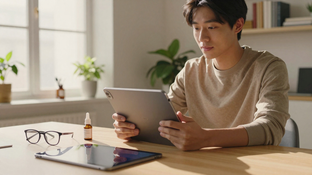 Jovem sentado à mesa a usar tablet numa sala iluminada com plantas e óculos sobre a mesa.