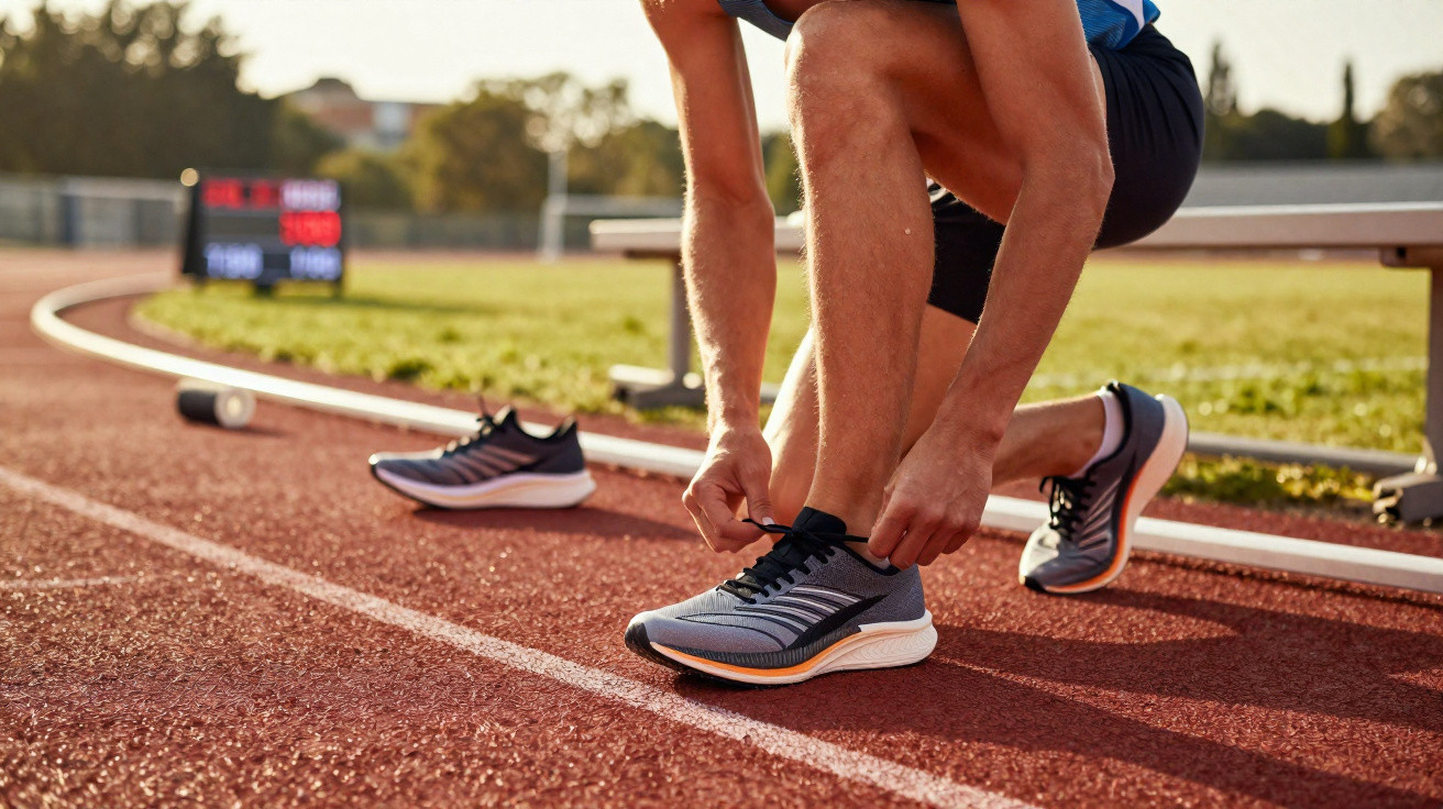 Atleta amarrando os atacadores de um ténis durante preparação numa pista de corrida ao ar livre.
