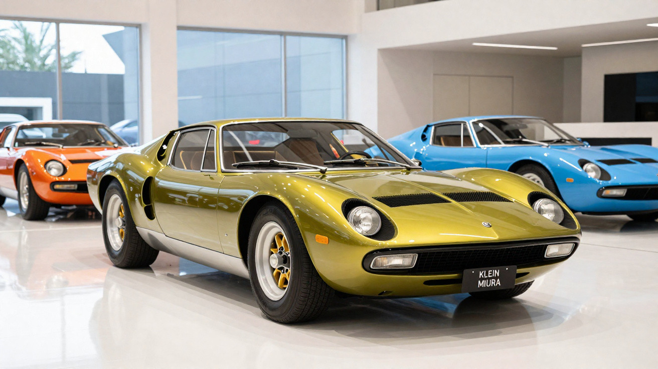 Carros clássicos Lamborghini Miura estacionados em exposição num espaço moderno iluminado.