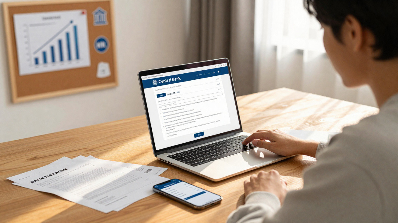 Pessoa a usar portátil com site do banco central aberto, mesa com documentos e telemóvel, gráfico no fundo.