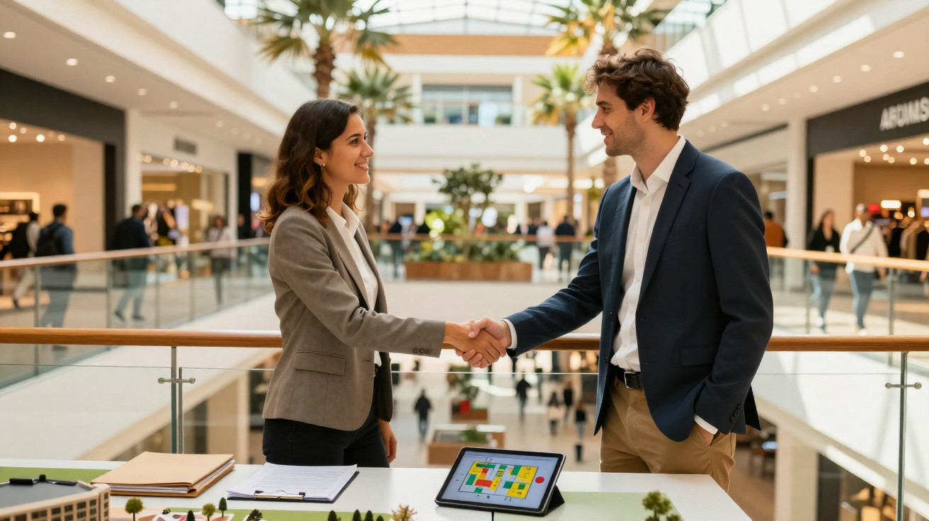 Homem e mulher de negócios a cumprimentar-se com um aperto de mão num centro comercial moderno.