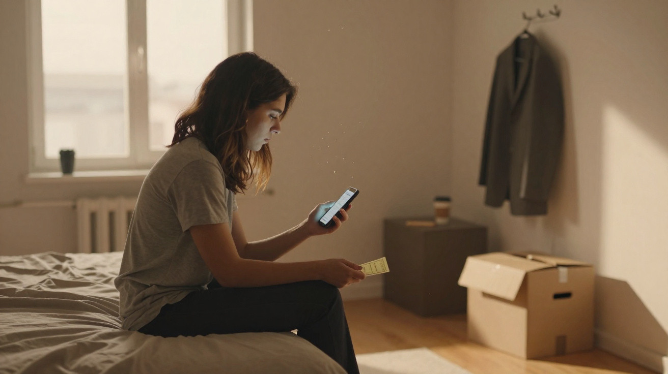 Mulher sentada na cama a olhar para o telemóvel e a segurar numa nota, em quarto com luz natural e caixas de mudança.