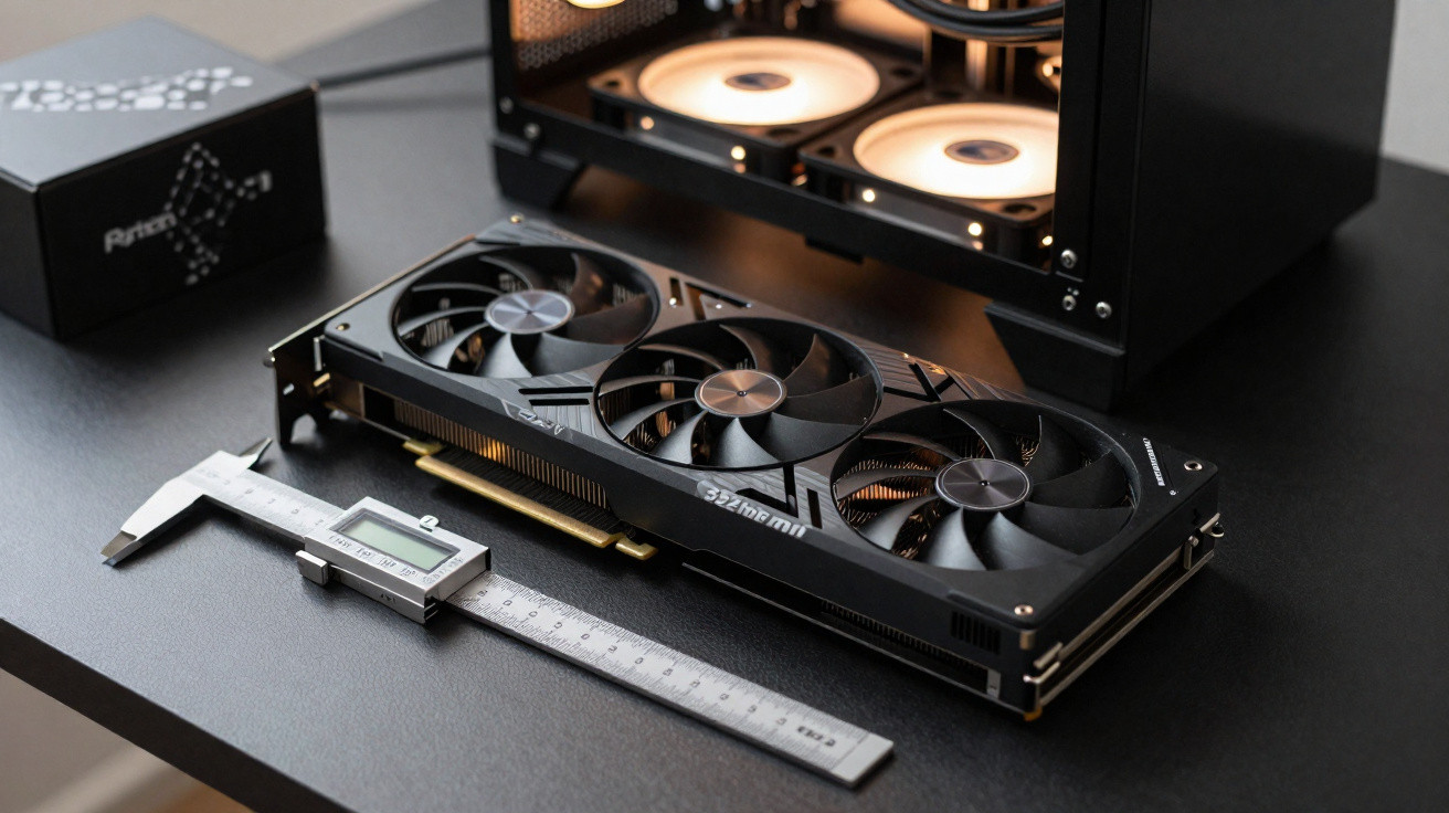 Placa gráfica preta com três ventoinhas ao lado de um paquímetro digital numa mesa preta, com computador ao fundo.