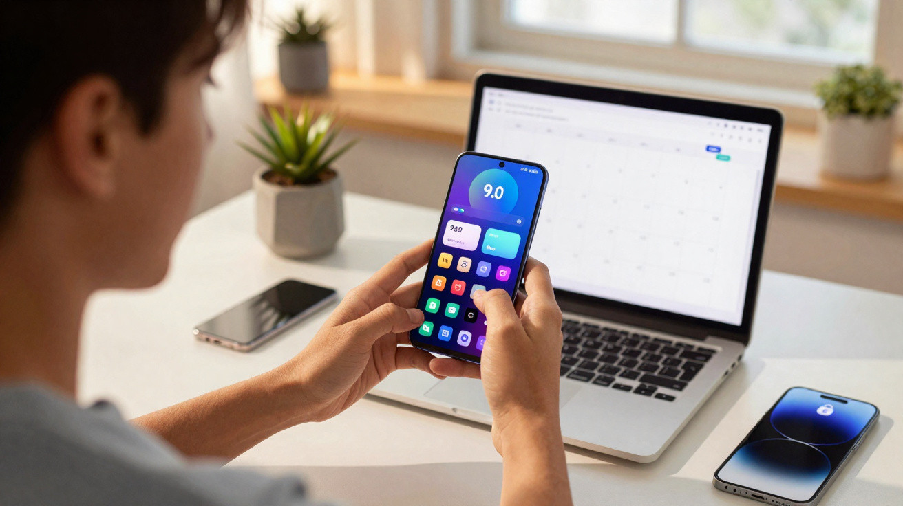Pessoa a usar smartphone com ecrã de aplicações coloridas, frente a um portátil com calendário aberto numa mesa.