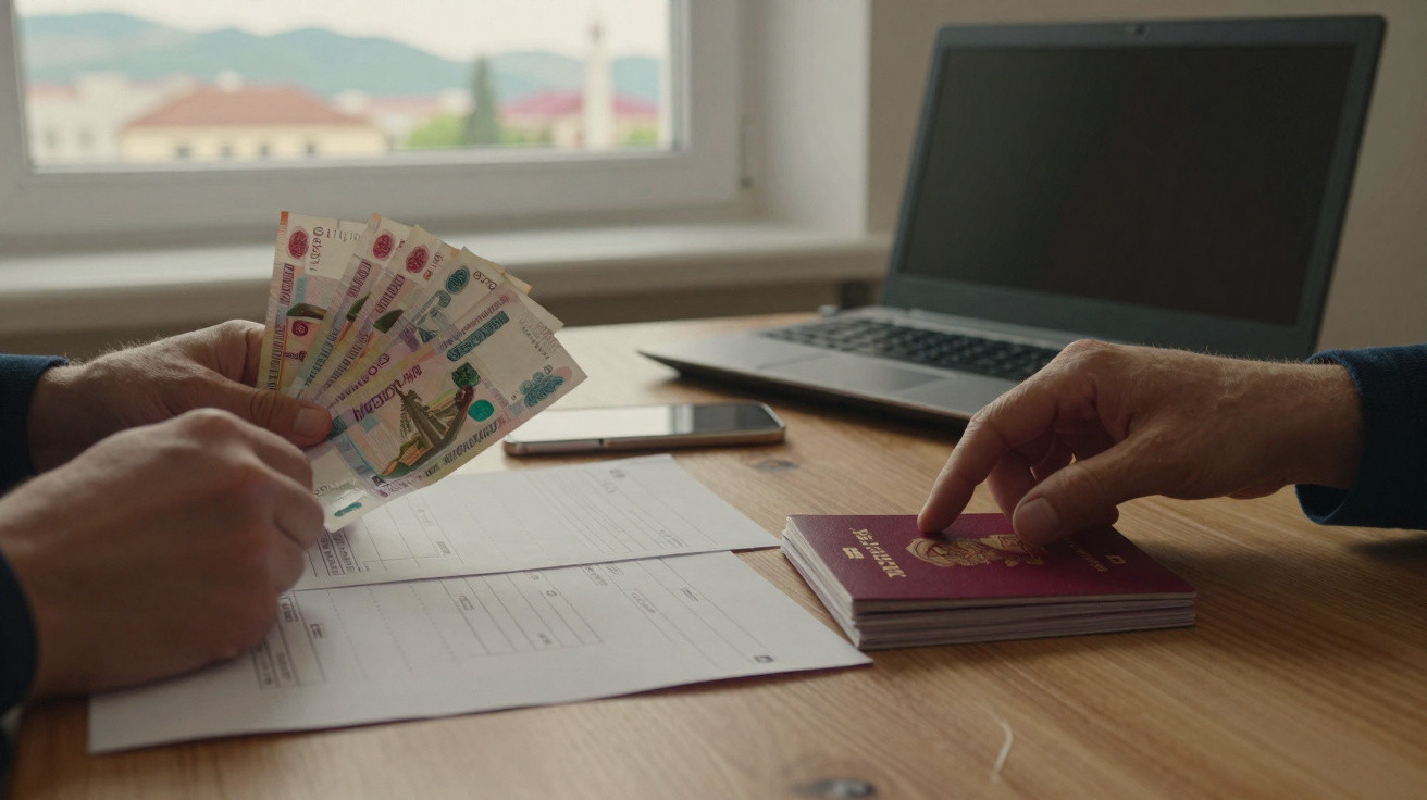 Duas pessoas em mesa com documentos, passaportes, dinheiro russo, smartphone e portátil num ambiente iluminado.