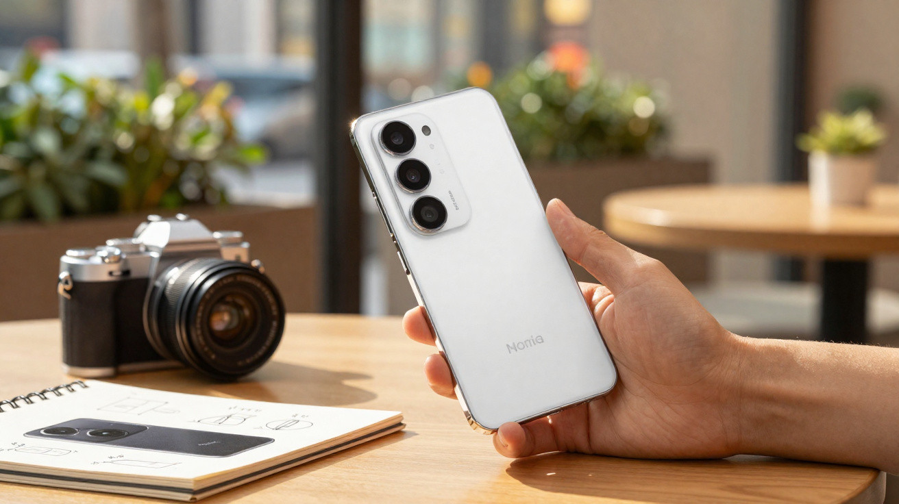 Pessoa a segurar um smartphone branco com três câmaras atrás numa mesa com câmara fotográfica e caderno.