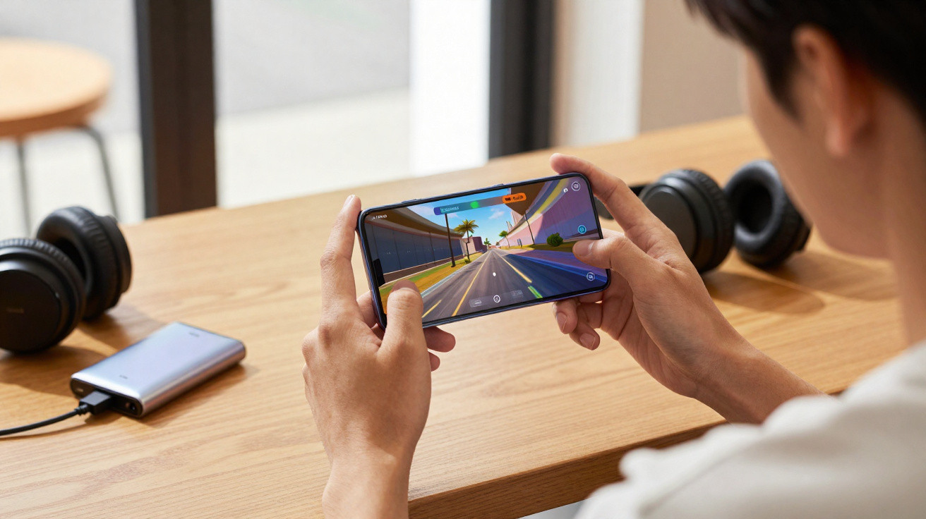Pessoa a jogar jogo de corrida num smartphone numa mesa com auscultadores e bateria externa.