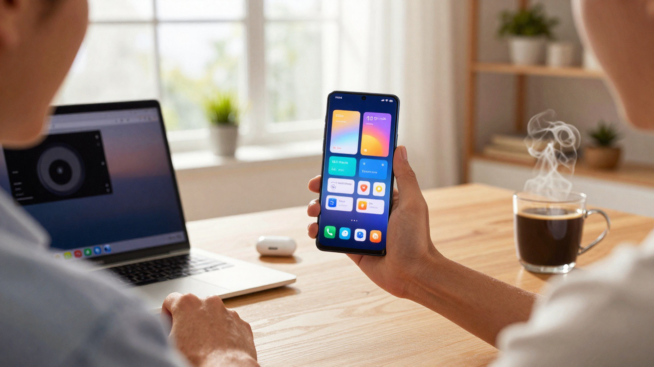 Pessoa a segurar um smartphone com ecrã ligado à frente de um computador portátil numa mesa de escritório.