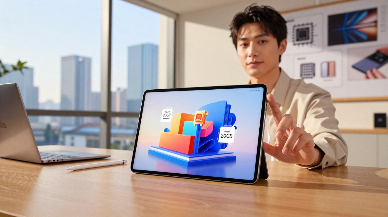 Homem a mostrar tablet com gráfico 3D a indicar 20GB em ambiente de escritório moderno.