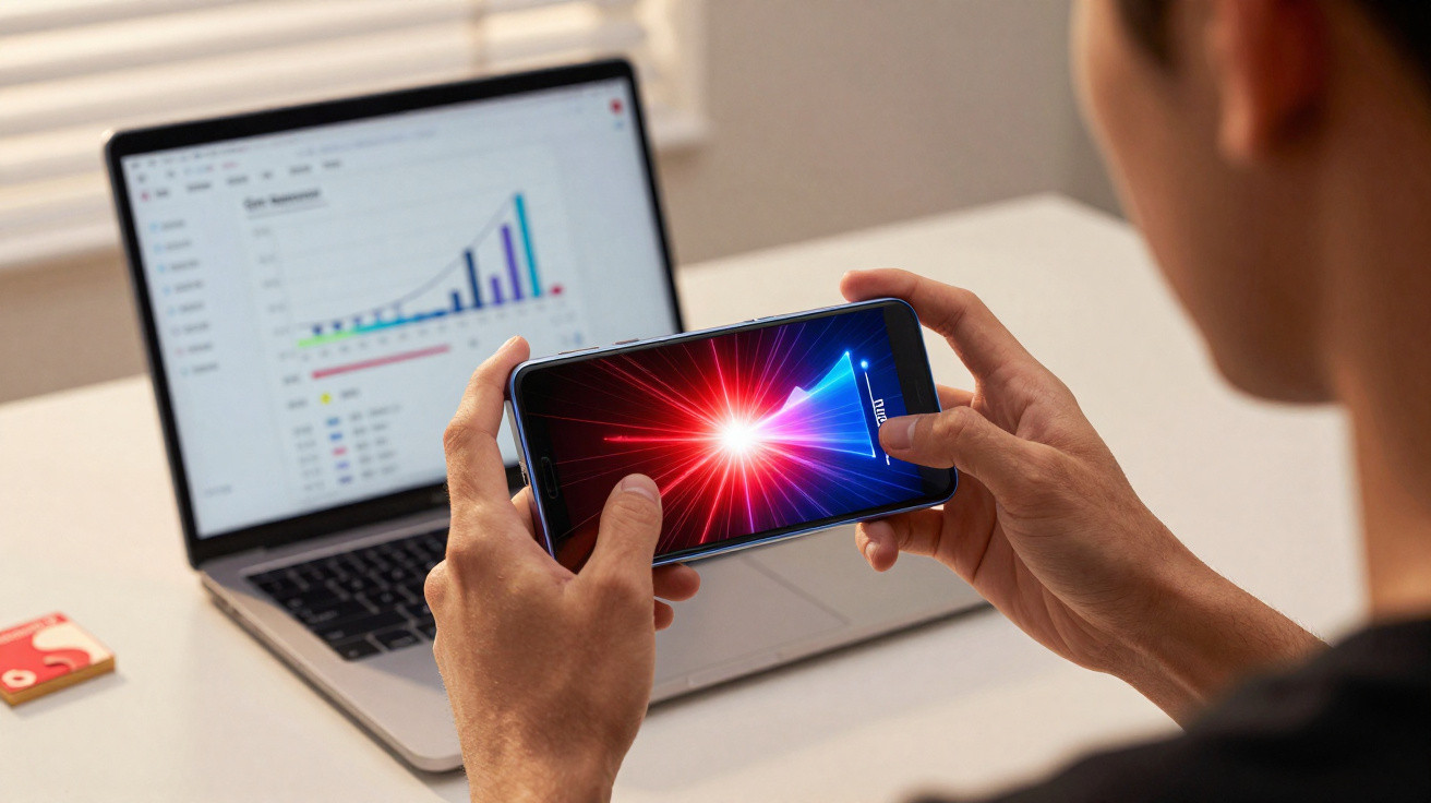Pessoa a segurar smartphone com imagem de megafone digital, computador portátil com gráficos no fundo.