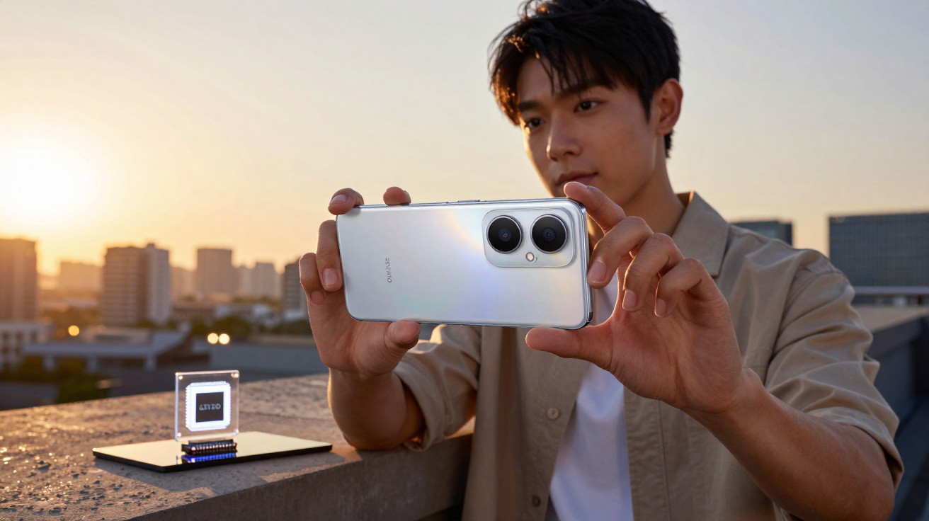 Homem a fotografar com telemóvel branco num terraço ao pôr do sol, com chip exposto ao lado.