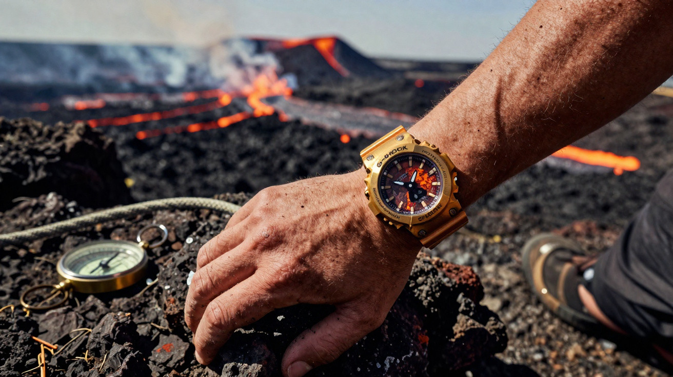 Mão com relógio G-Shock dourado pousada em rocha vulcânica perto de lava a fluir de vulcão em erupção.