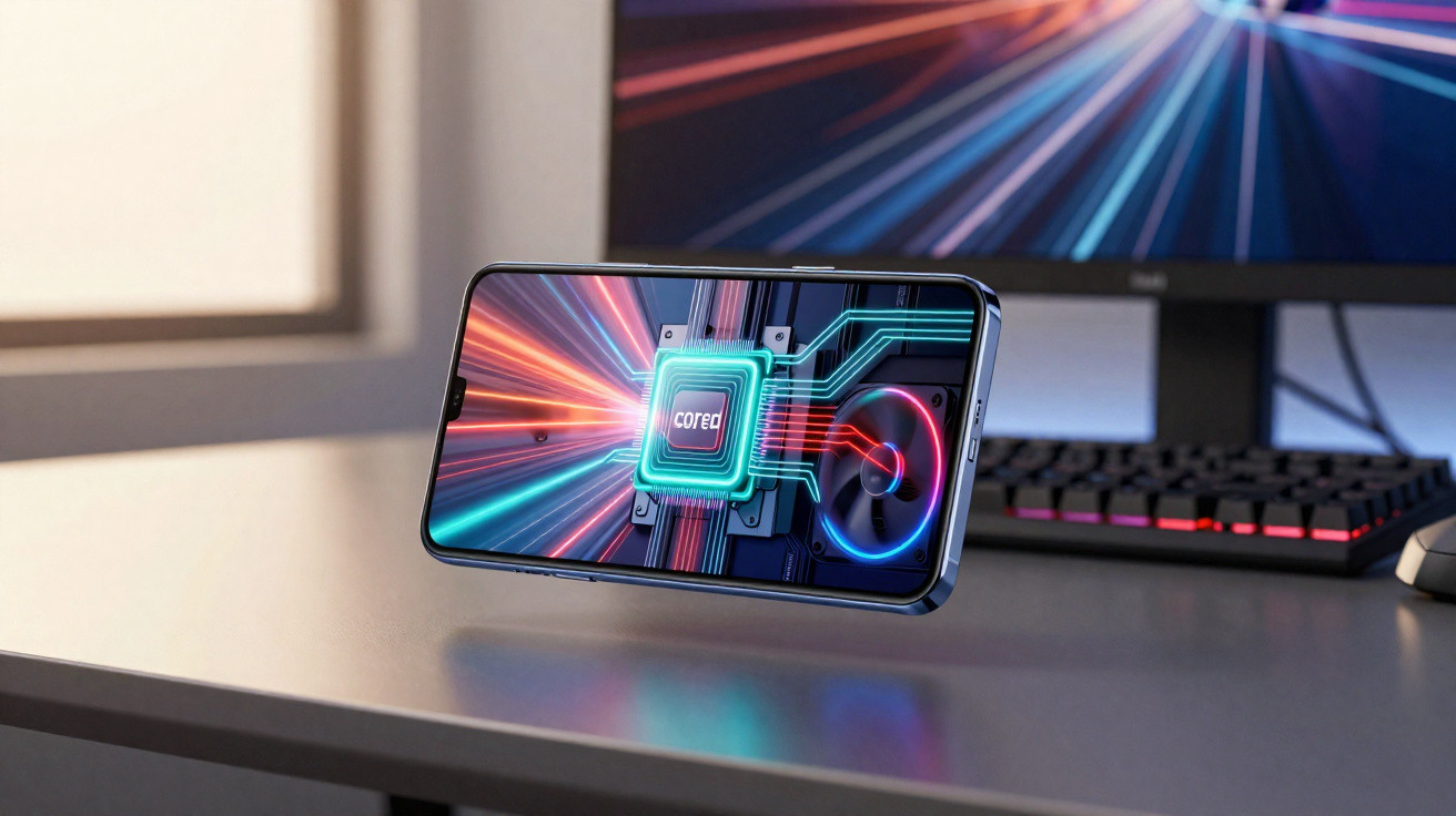 Smartphone suspenso sobre mesa com imagem virtual de chip central a emitir luzes coloridas, teclado e monitor ao fundo.