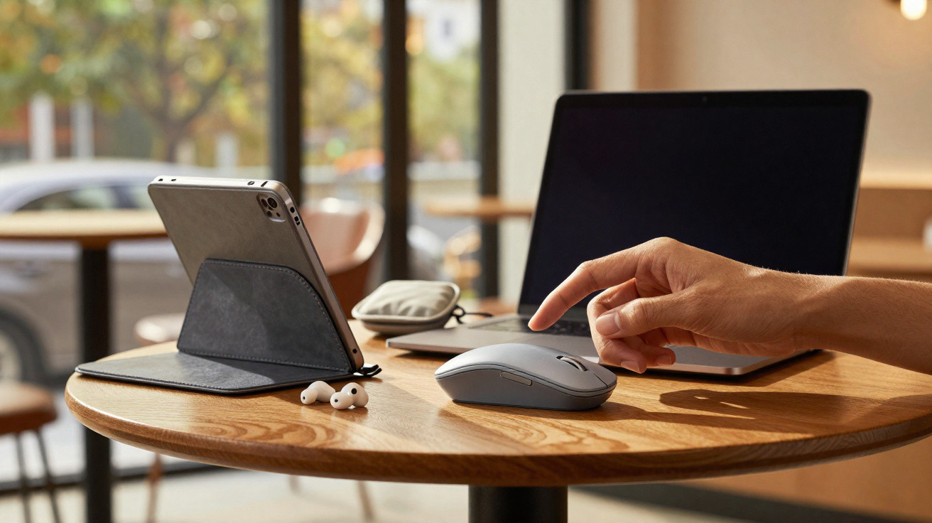 Mesa redonda com tablet num suporte, auscultadores sem fios, rato e computador portátil, com mão a usar o rato.