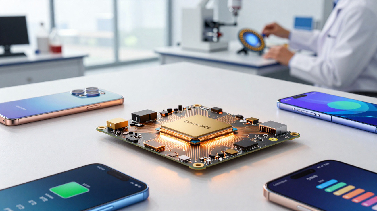 Placa de circuito com chip iluminado ao centro, rodeada por quatro telemóveis sobre uma mesa branca em laboratório.