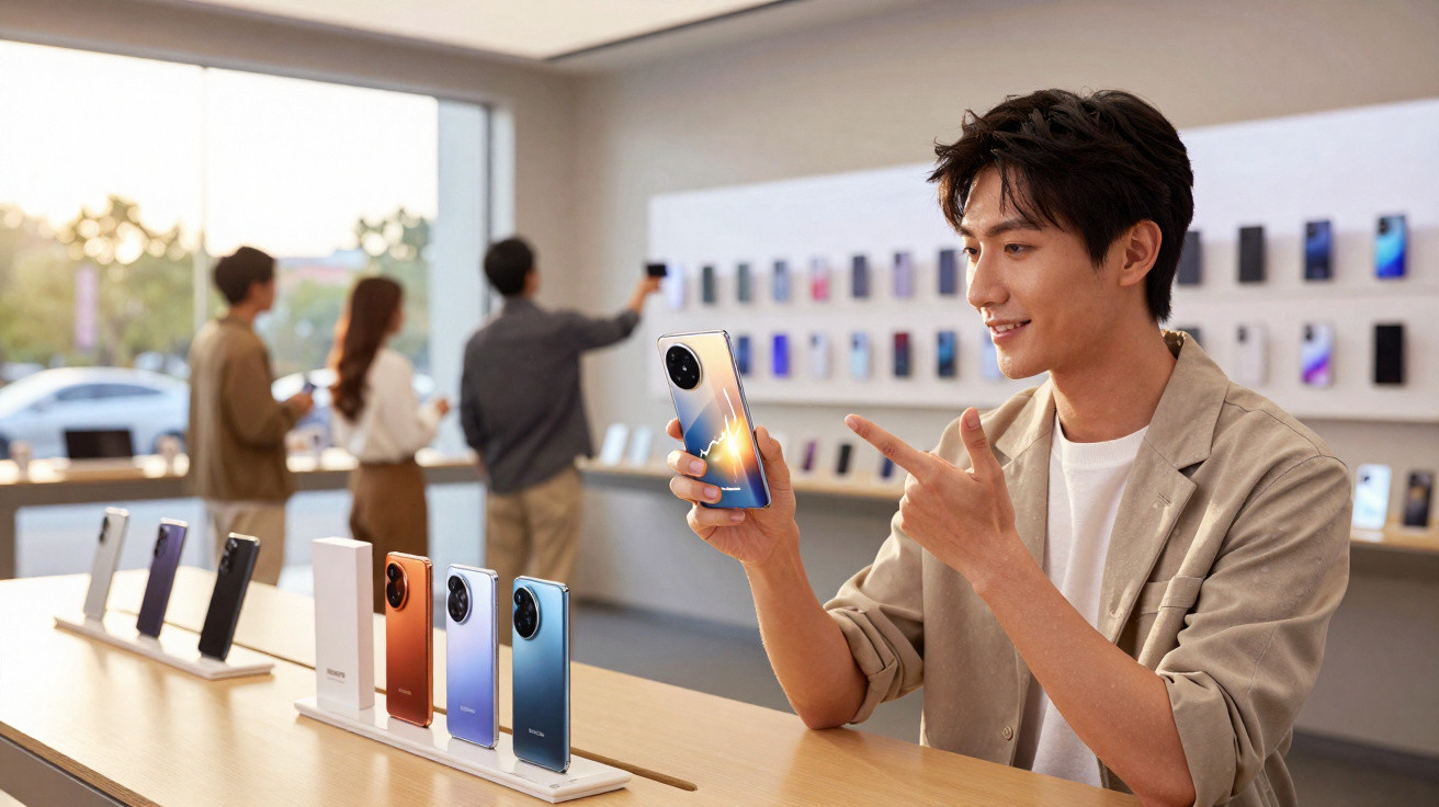 Homem numa loja de tecnologia segurando e mostrando smartphone diante de vários modelos expostos.