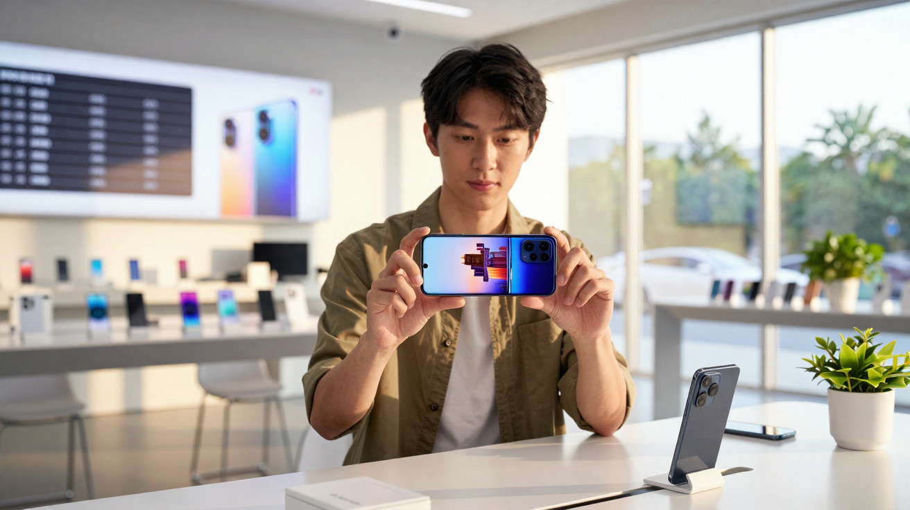 Homem a testar smartphone azul num espaço de venda de tecnologia moderno e luminoso.