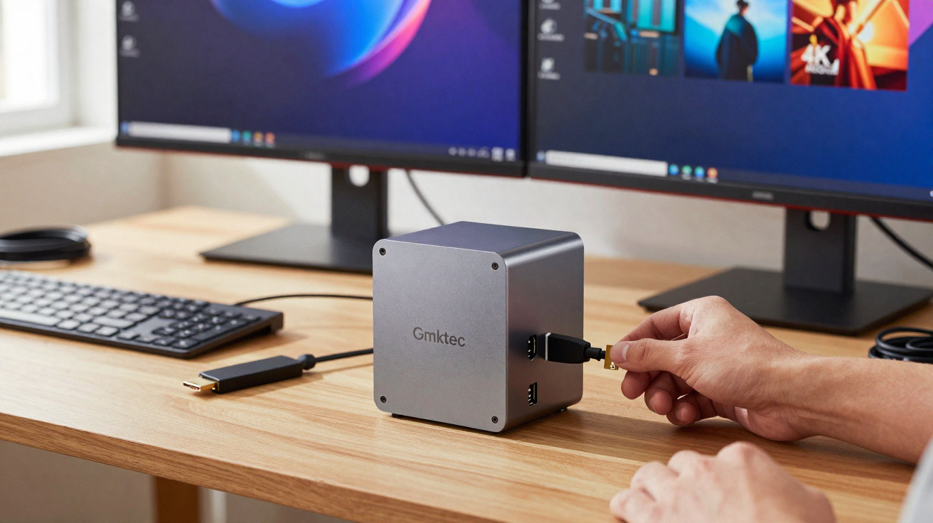 Computador compacto Gmktec numa mesa de madeira com dois ecrãs, teclado e mão a ligar cabo USB.