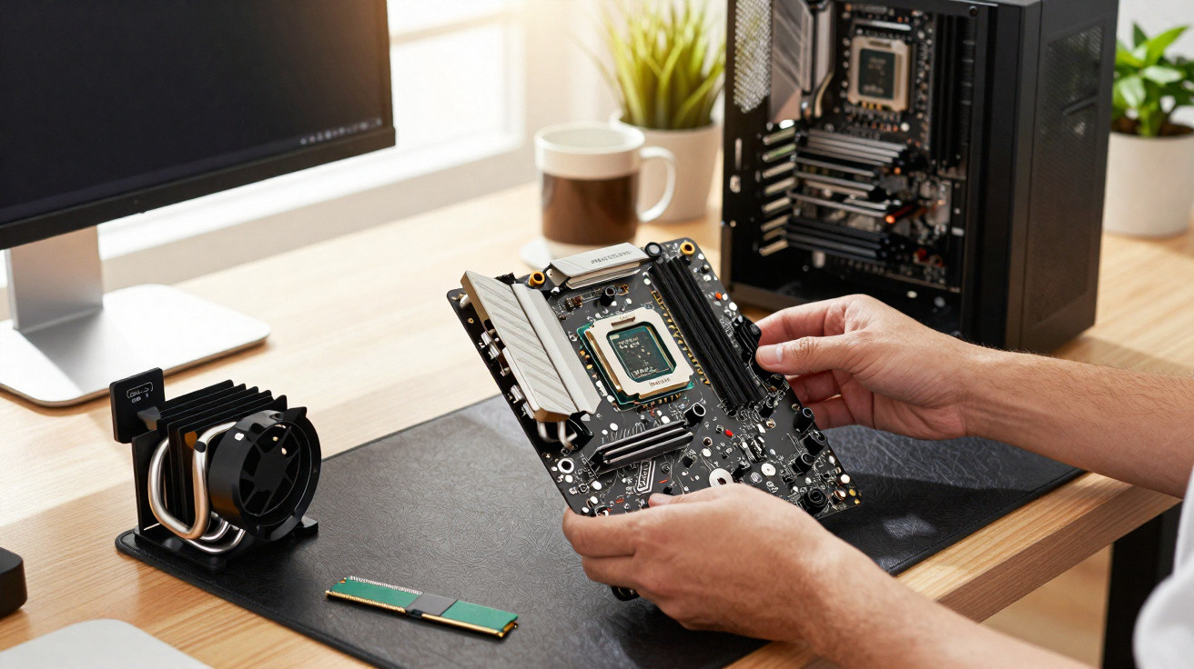 Pessoa a segurar uma placa mãe próxima de um PC aberto, com dissipador, RAM e monitor numa secretária organizada.